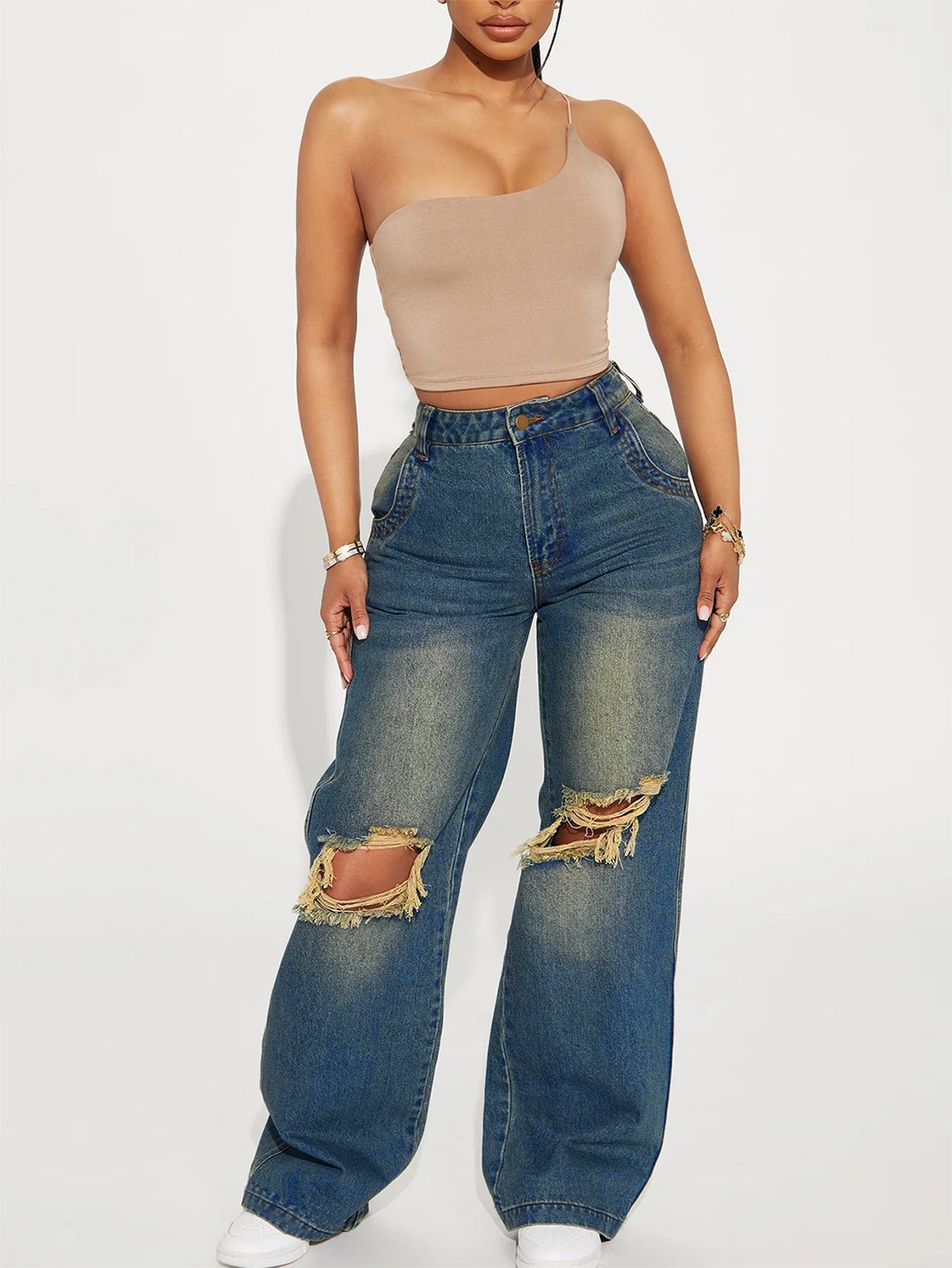 Women's Ripped Model Retro Street Worn Washed Pants