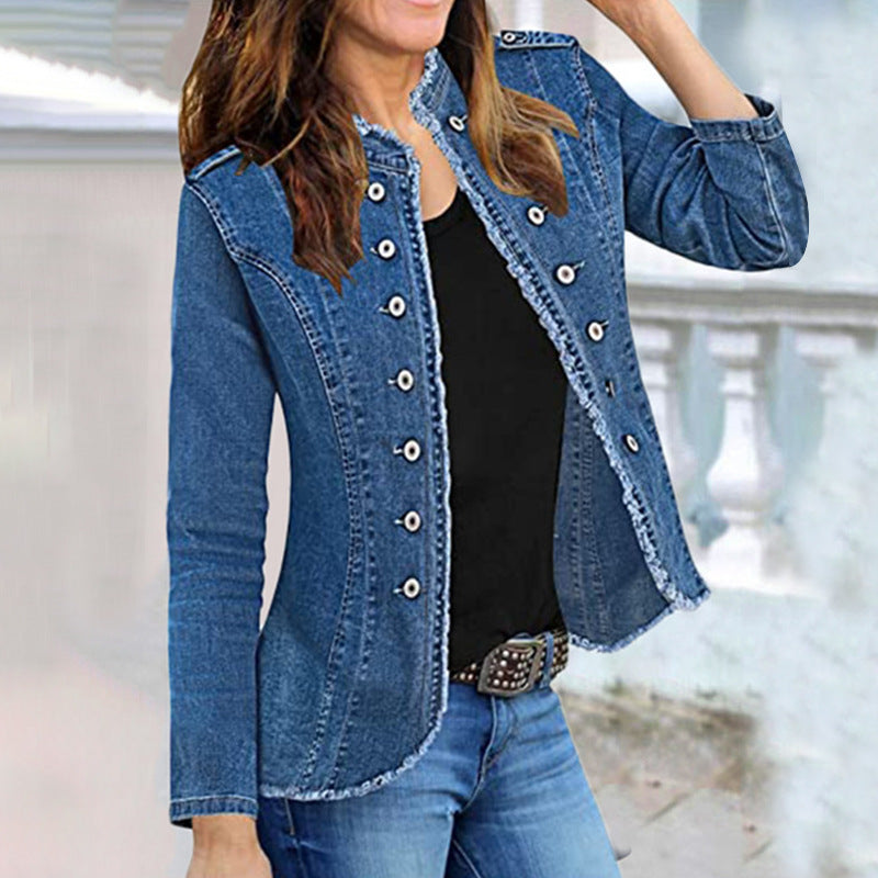 Women's Denim Single-breasted Stand Collar Solid Color Jackets