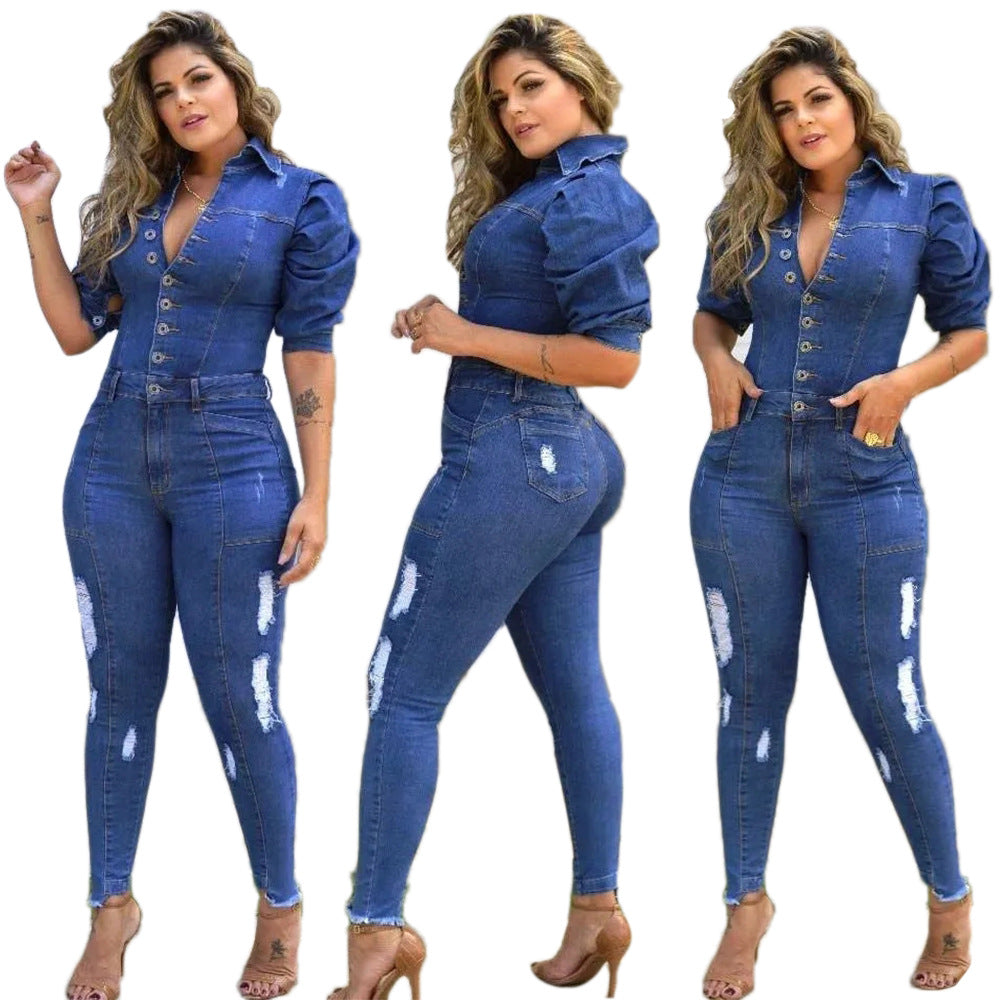 Women's Stacking Sleeve Puff Fashion Casual Sexy Denim Jeans