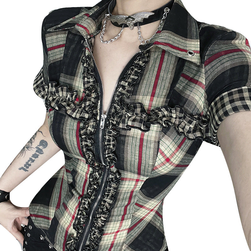 Women's Dark Plaid Shirt Pure Desire Style Blouses