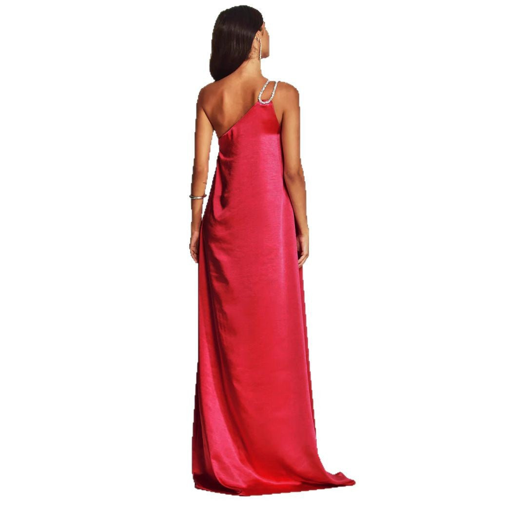 Satin Slant Shoulder Long Dress Loose Dresses
