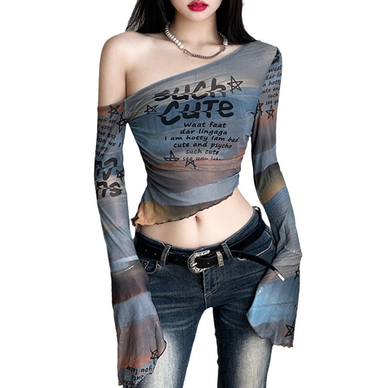Contrast Color Letter Print T-shirt Lightweight Mesh Flared Blouses