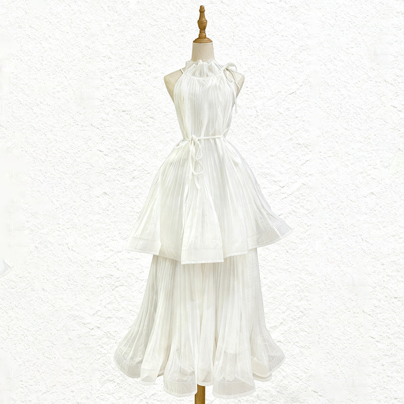 Women's Halter Sleeveless Pleated Gauze Dress Long Autumn Ruffled Dresses