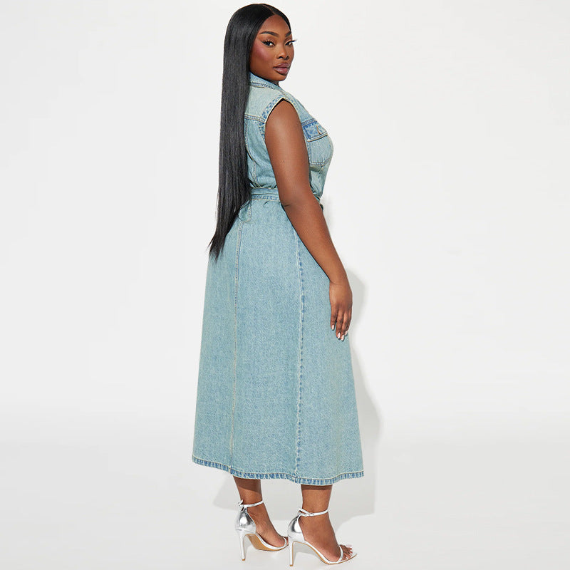 Women's Lapel Sleeveless Denim Long Lace Up Dresses