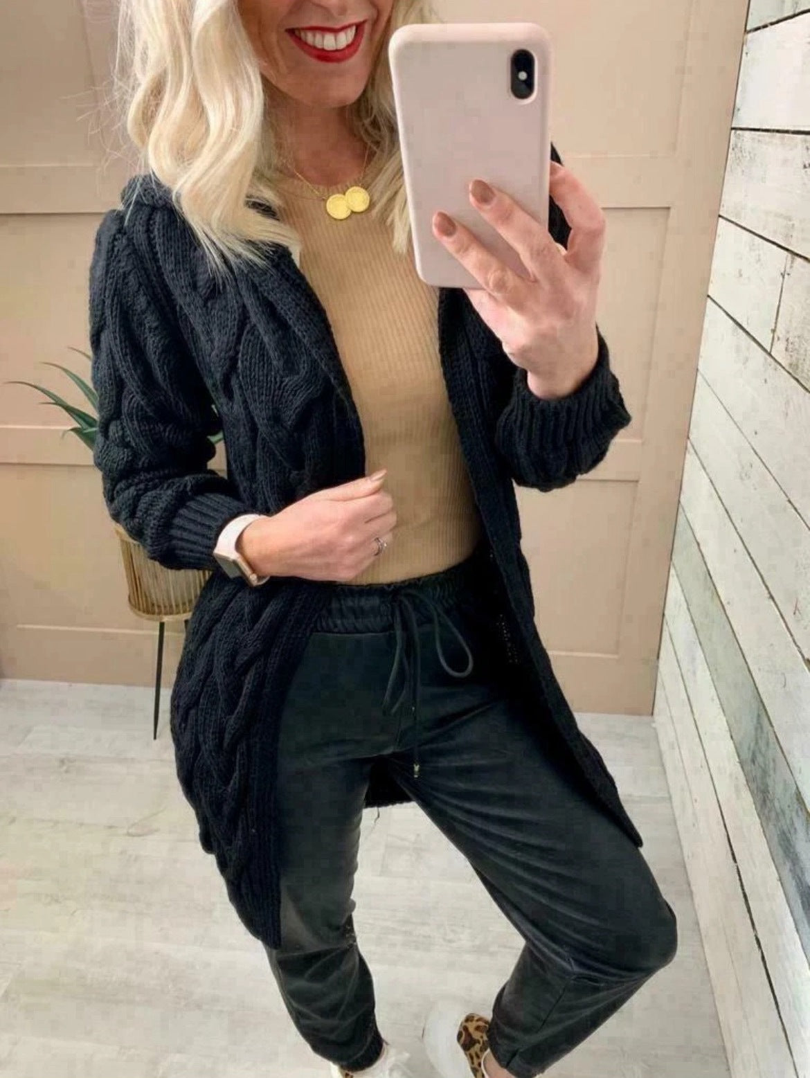 Solid Color Long Knitted Hooded Pocket Knitwear