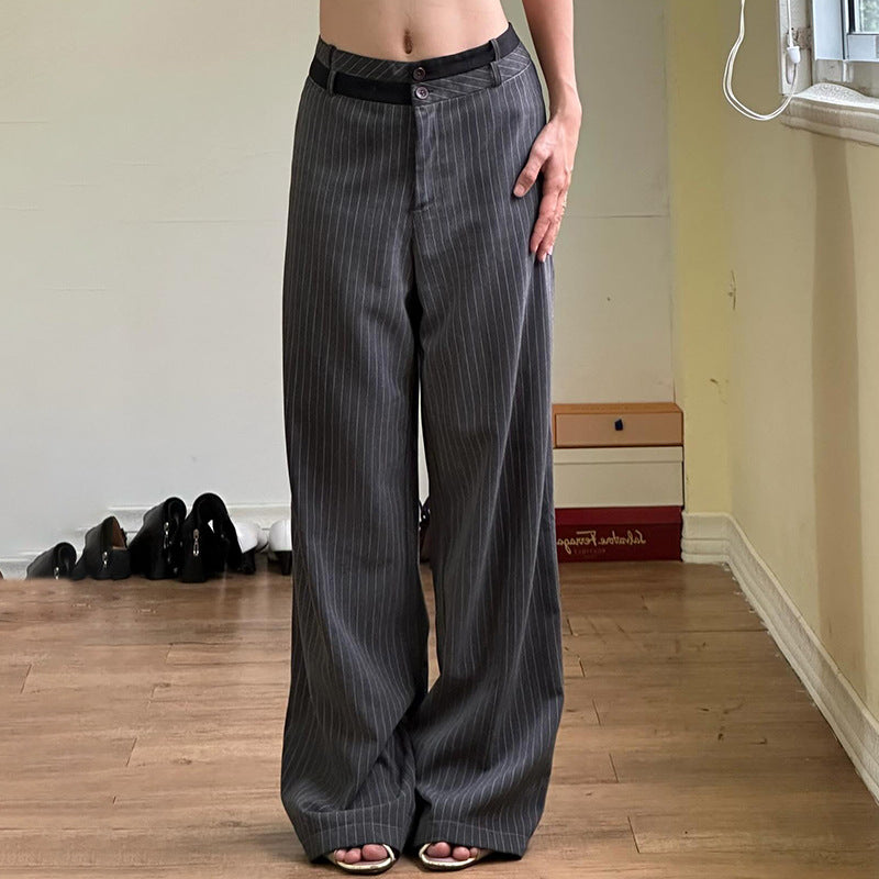 Waist Design Loose Pinstripe Straight Female Pants