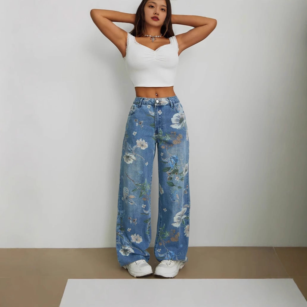 Street Fashion Loose Straight Printed Denim Jeans