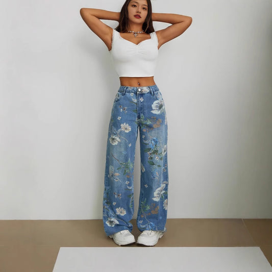Street Fashion Loose Straight Printed Denim Jeans