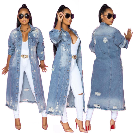 Women's Black Denim Autumn Blue With Holes Washed Jackets