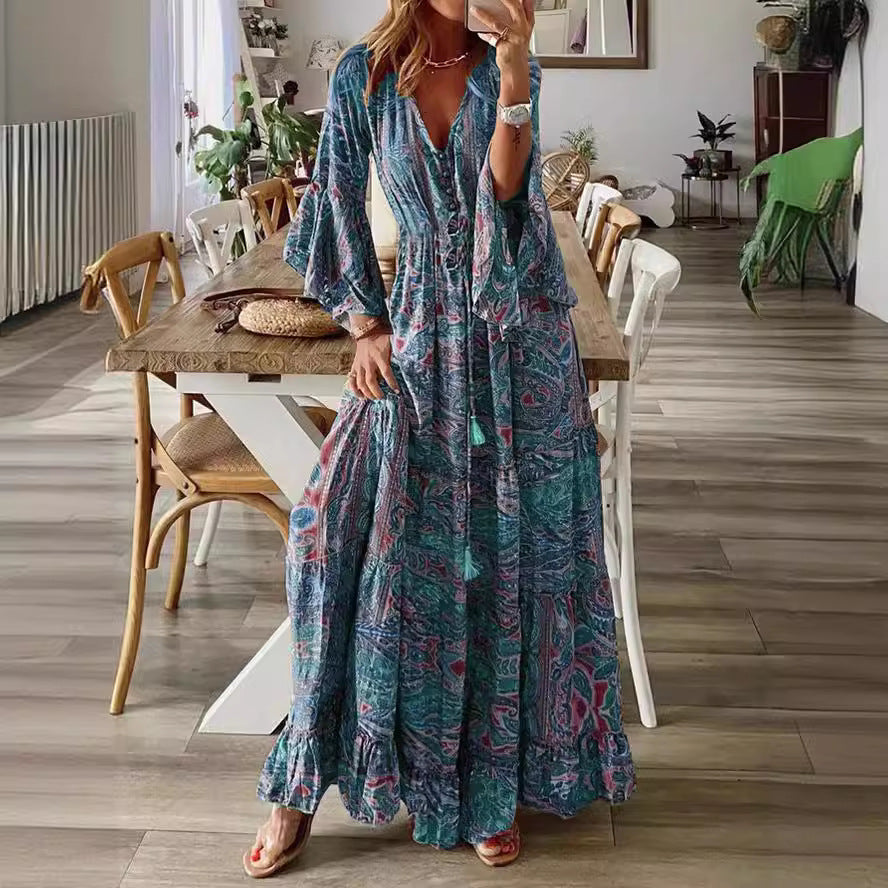 Sleeve Printed High Waist Holiday Dress Dresses