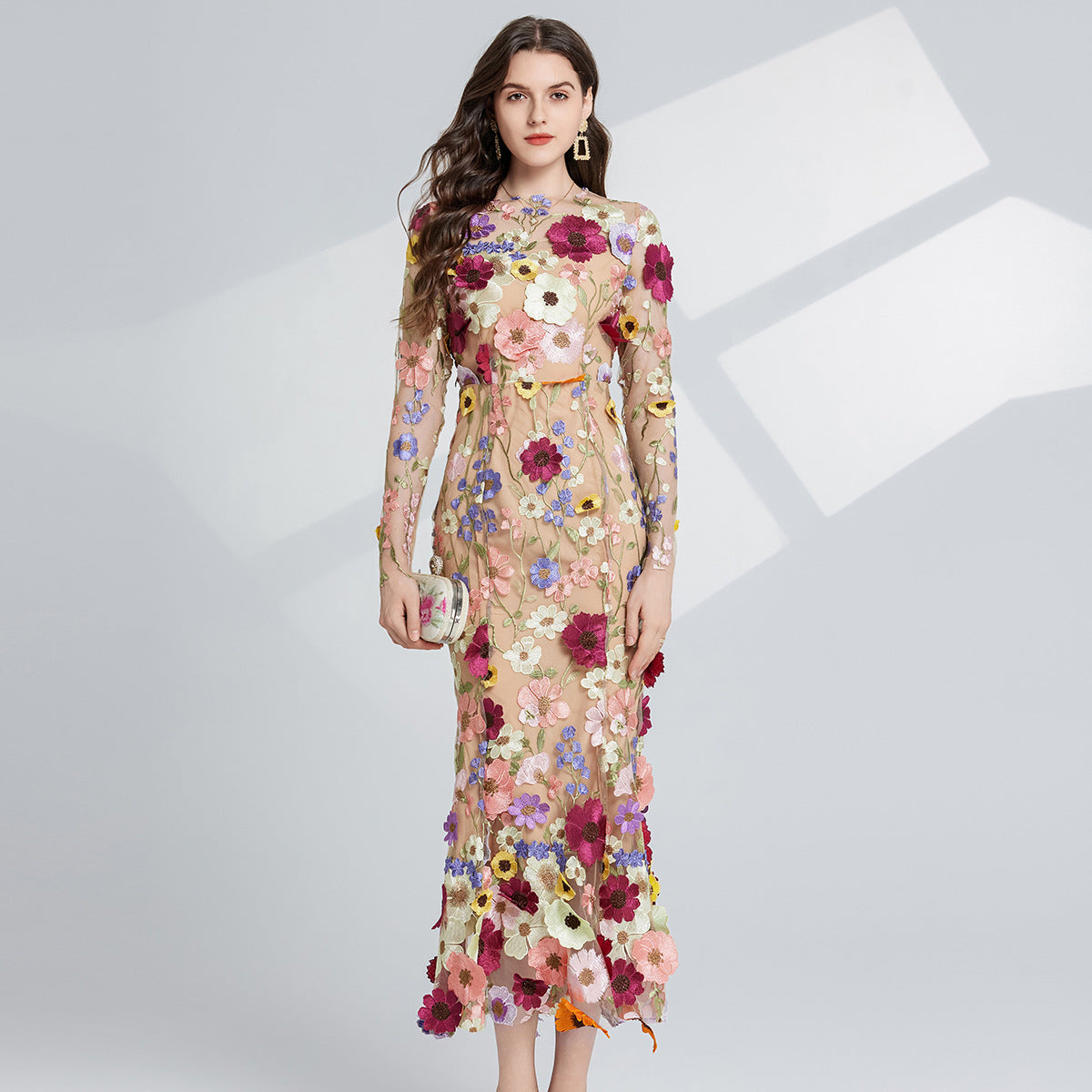 French Entry Lux Embroidered Three-dimensional Flower Long Dresses