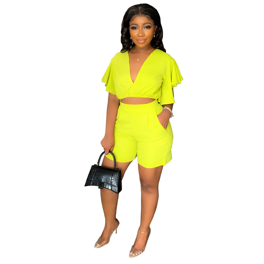Cool Ruffled Casual Summer Two-piece Set Suits