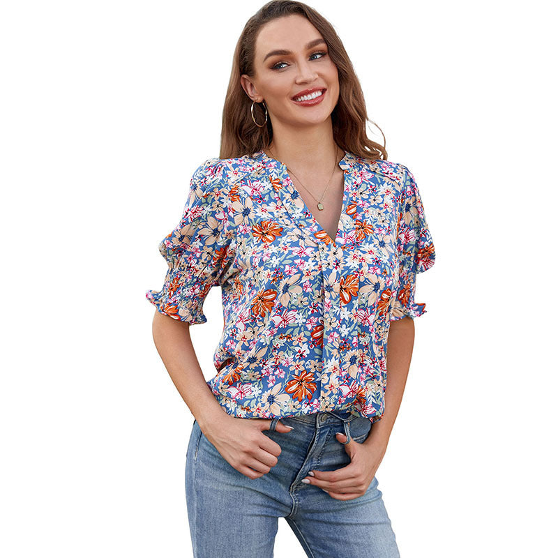 Women's Color Half Sleeve Collar Shirt Pleated Blouses