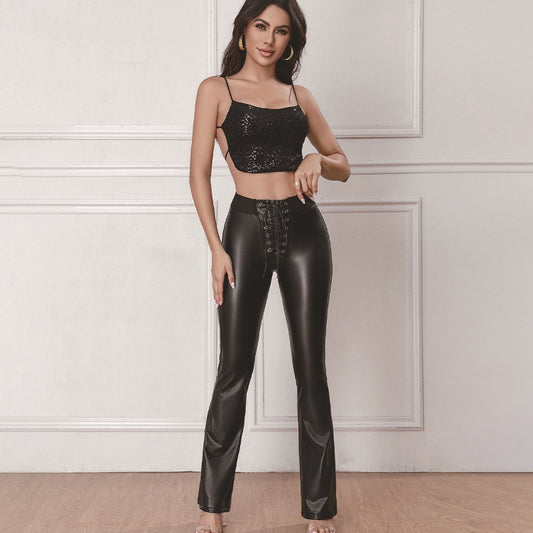 Women's Eyelet Wearing Rope Bell-bottom Elastic Waist High Hip Pants