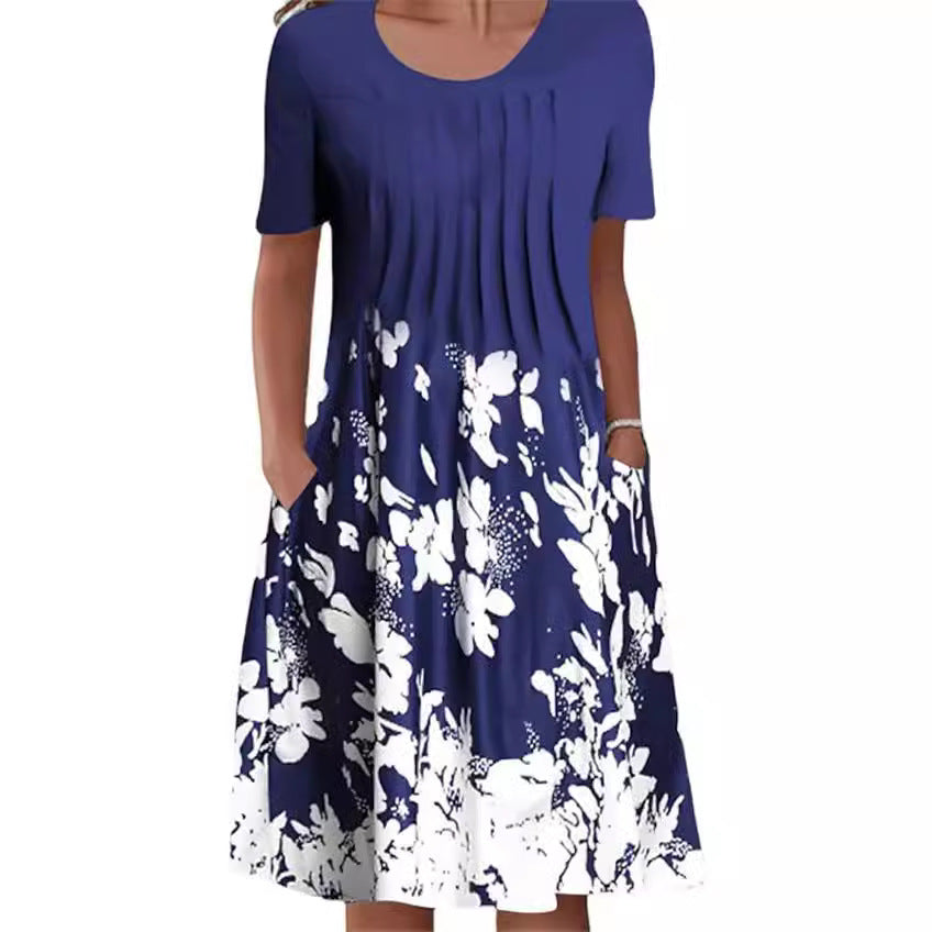 Women's Floral Print Round Neck Pullover Mid-length Dresses