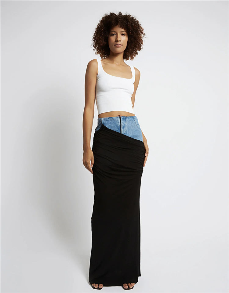 Women's High Waist Fake Two-piece Black Color Pleats Stitching Design Skirts