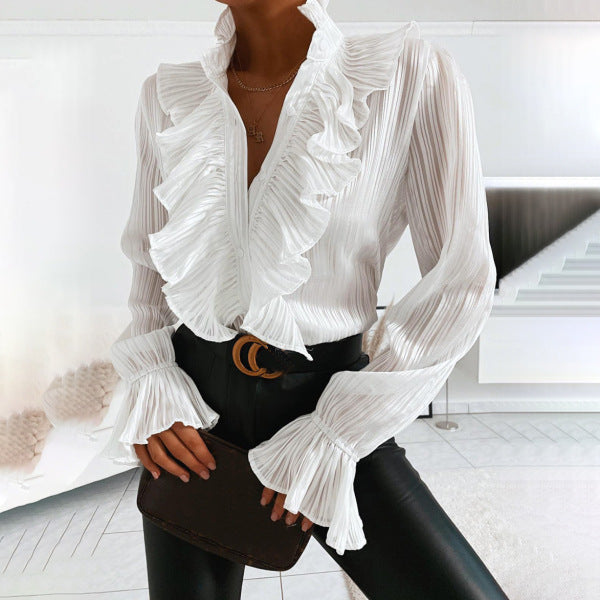Women's Summer Ruffled Flared Sleeve Pleated Long Blouses