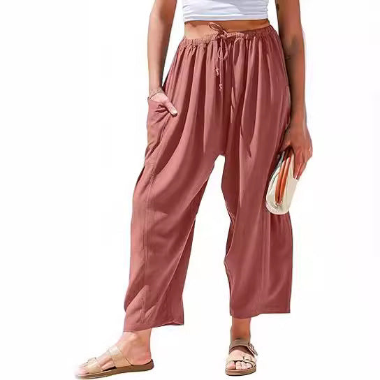 Women's Waist Pleated High Wide Leg Loose Harem Cotton Pants