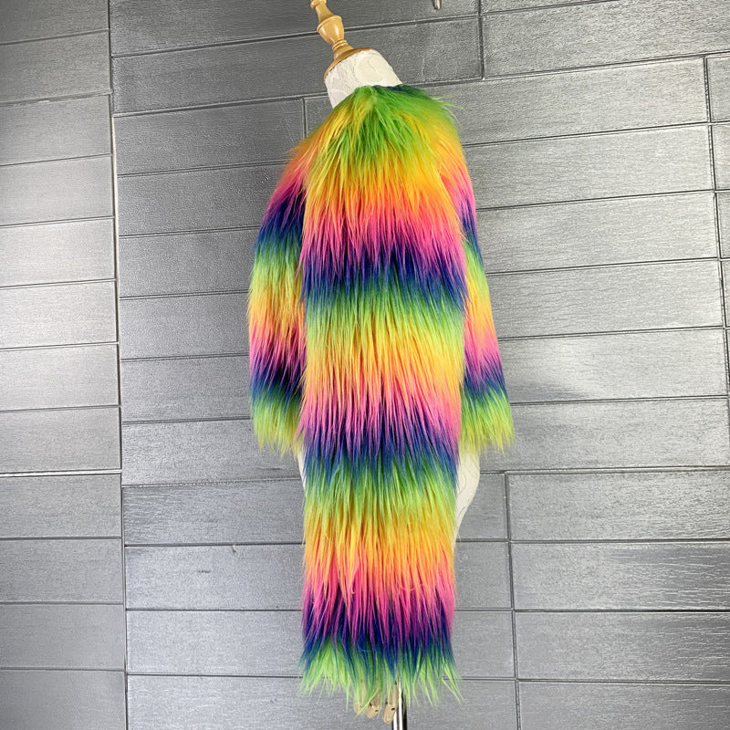 Women's Rainbow Imitation Falling Fur Long Goat Coats