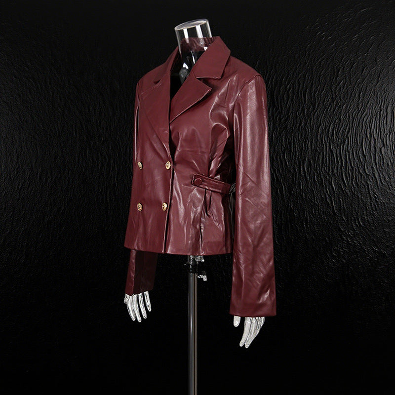 Lapel Double Breasted Drawstring Patchwork Slimming Jackets