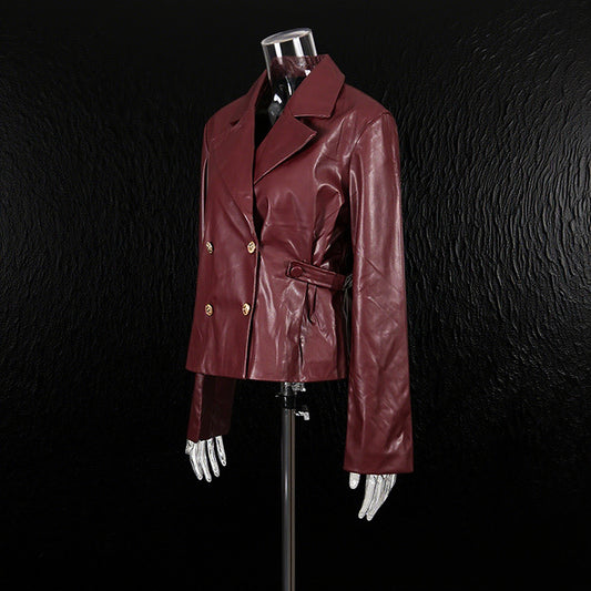 Lapel Double Breasted Drawstring Patchwork Slimming Jackets