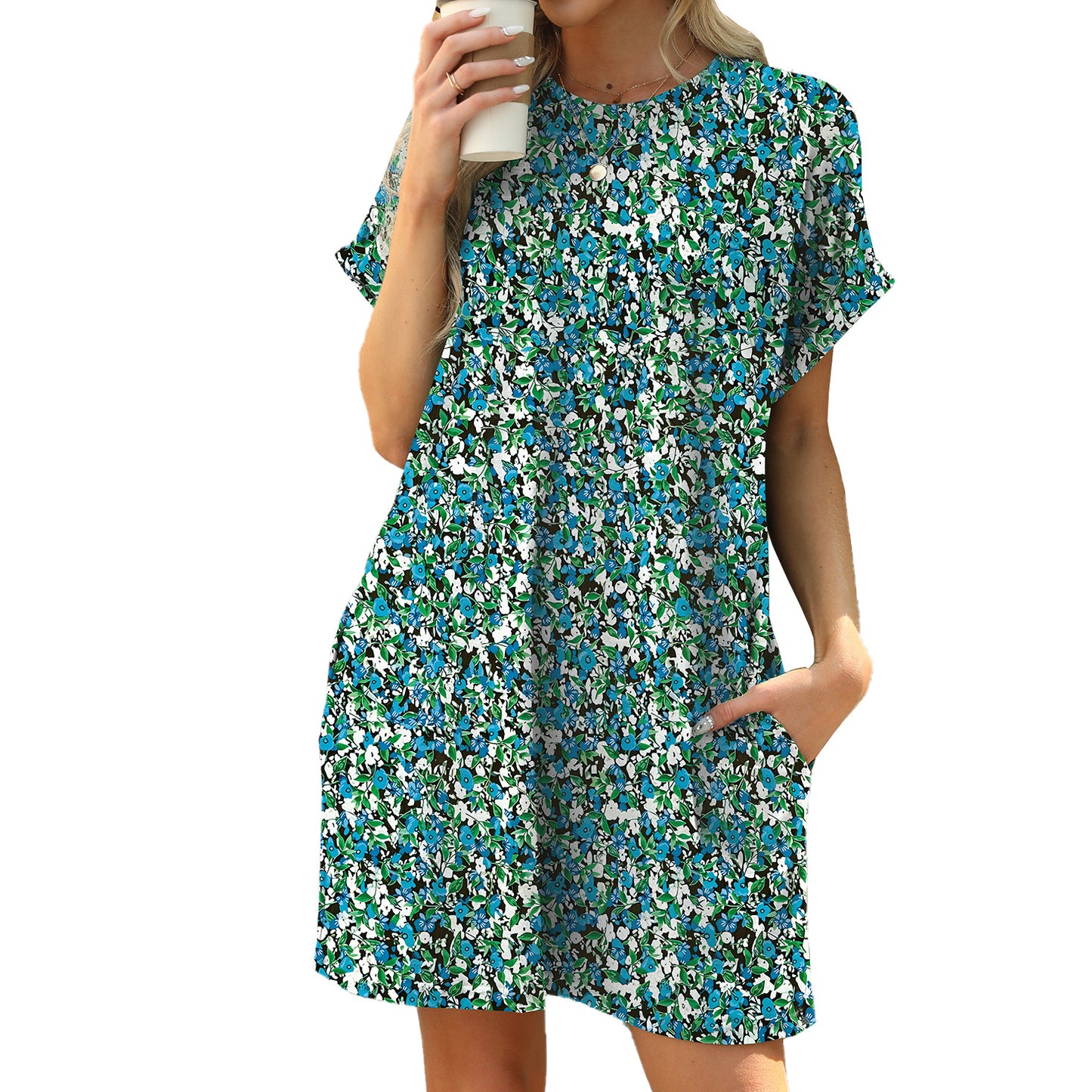 Loose Round Neck Sleeve Printed Pocket Dress