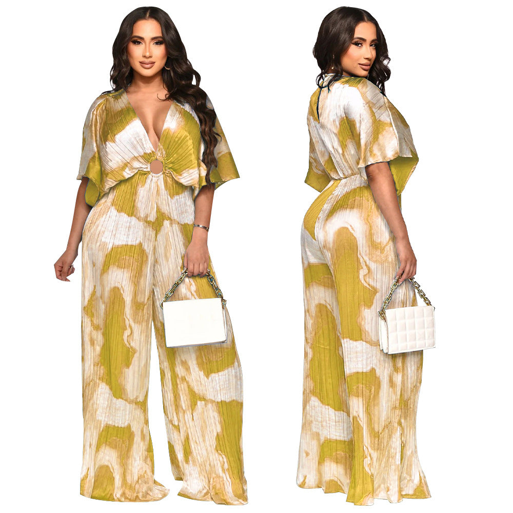Women's Fashion Wear Pleated Printed Casual Jumpsuits