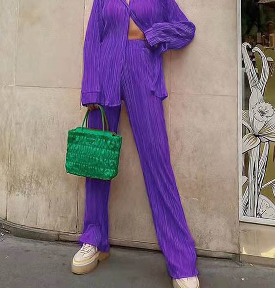 Solid Color Texture Loose Slimming Pleated Pants