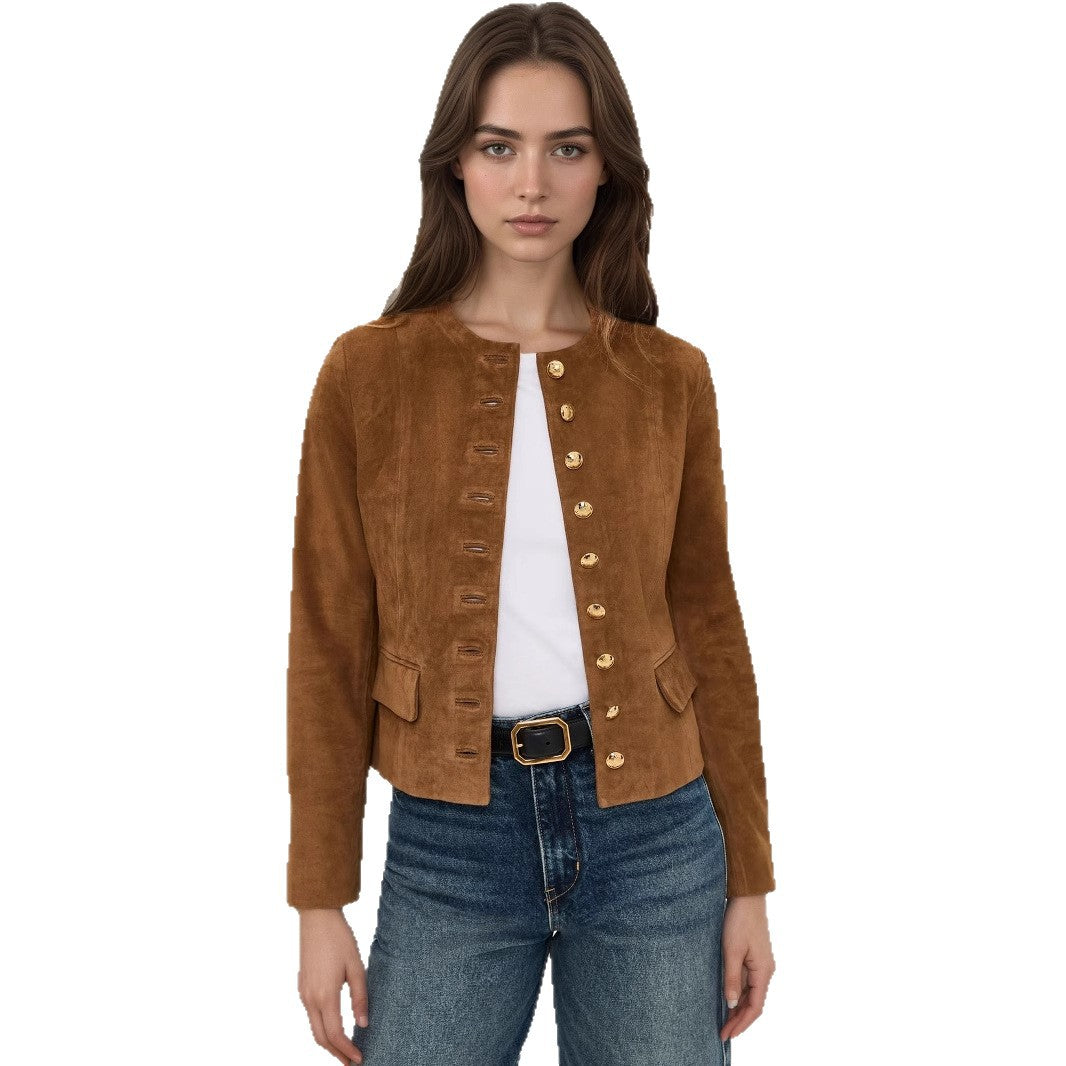 Fashionable Classic Metal Single-breasted Suede Air Coats