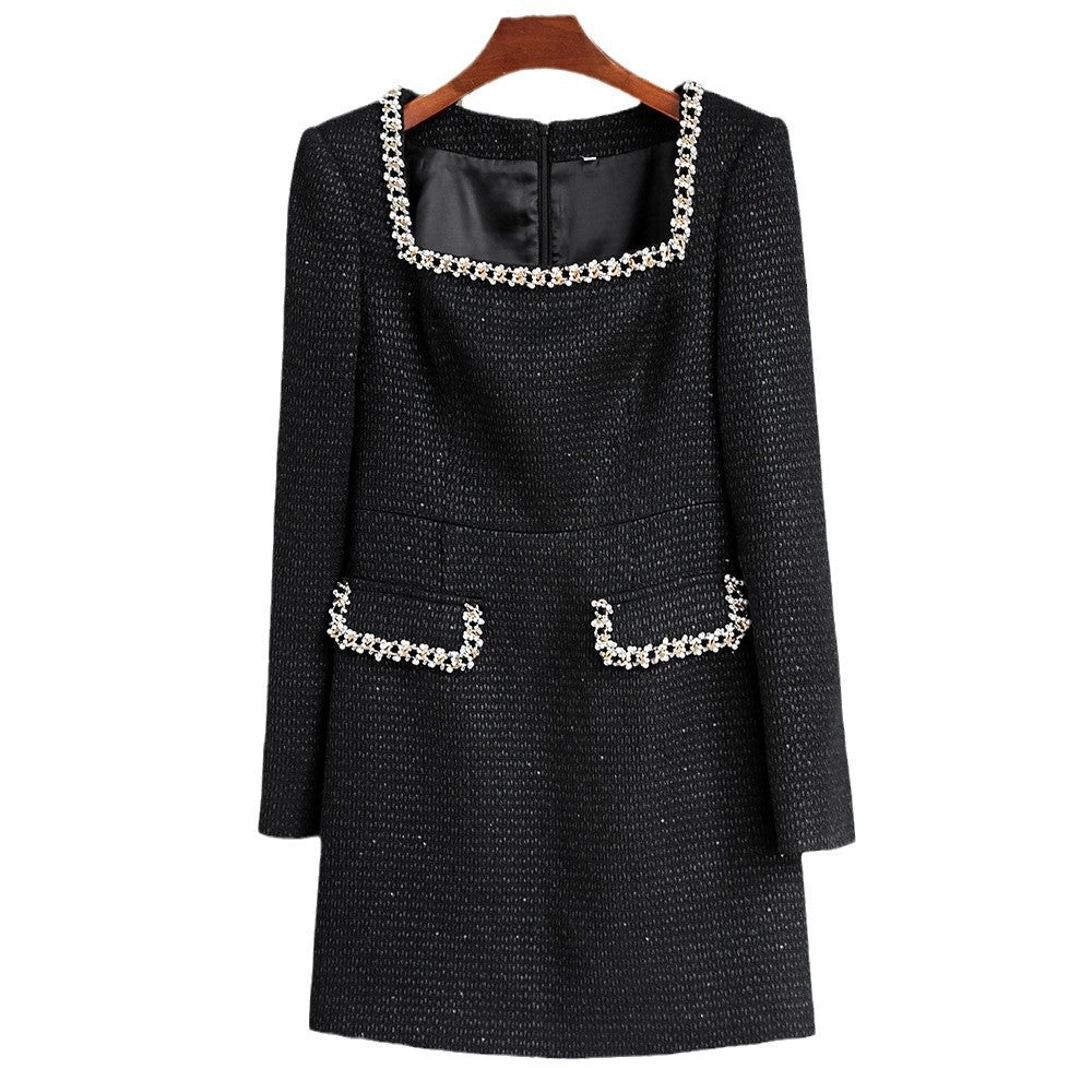 Collar Beaded Decoration Long Sleeves Slimming Dresses