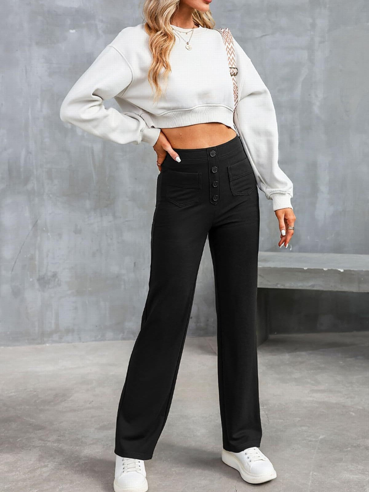 Women's Casual High Waist Texture Button Elastic Pants