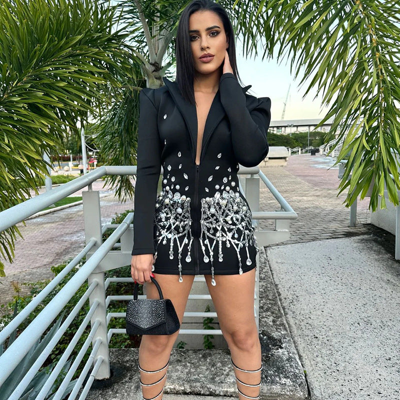 Women's Stitching Rhinestone Sequined Design High Waist Dresses