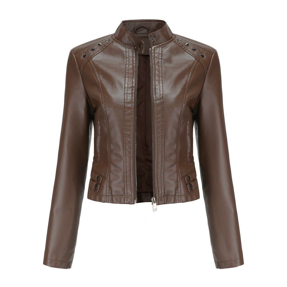 Women's Rivet Leather Long-sleeved Stand Collar Fashion Jackets