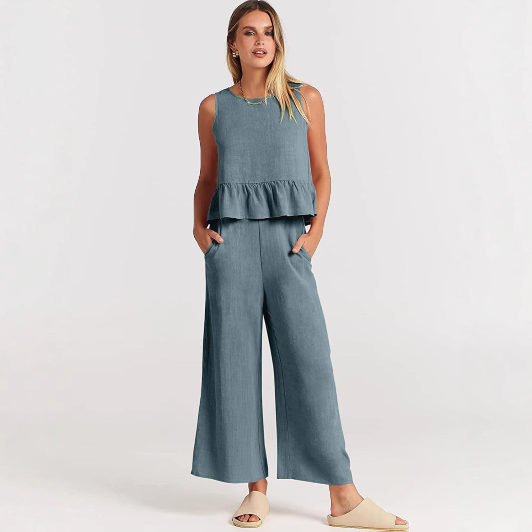 Women's Summer Sleeveless Pleated Wide Leg Cropped Suits