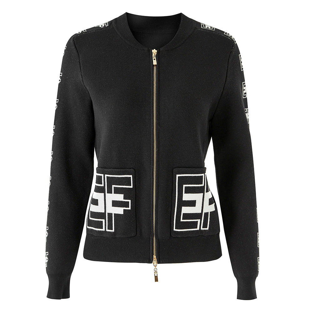 Sense Letter Zipper Black Round Neck Sweaters