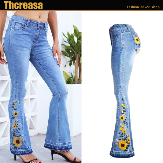 Women's Fashion Flared Three-dimensional Embroidered Trousers Jeans