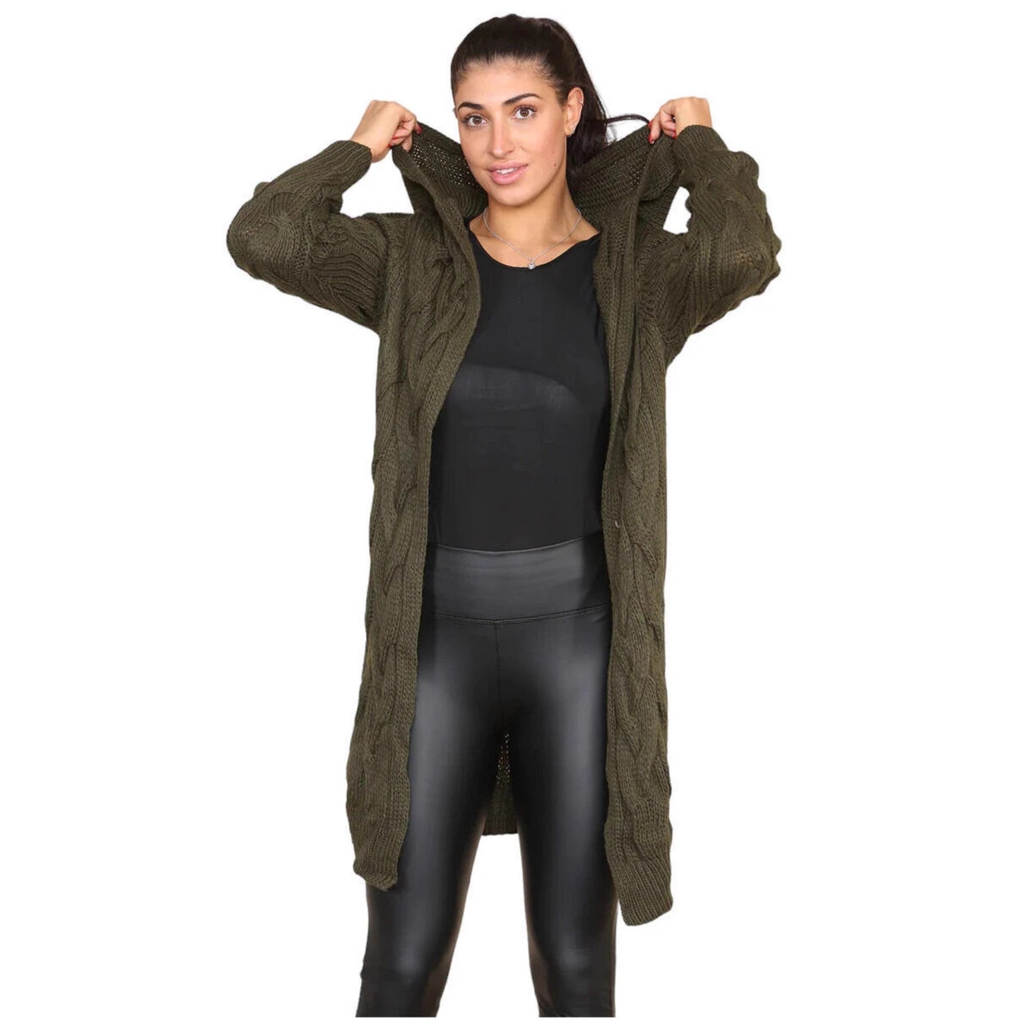 Women's Solid Color Hooded Twisted Knitted Mid-length Knitwear