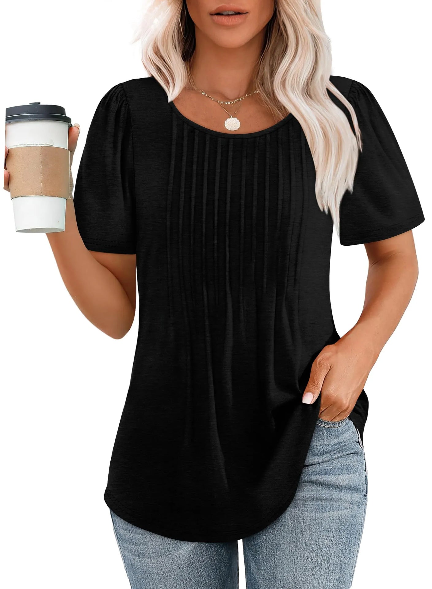 Women's Loose Pleated Round Neck Sleeve T-shirt Stripes Blouses