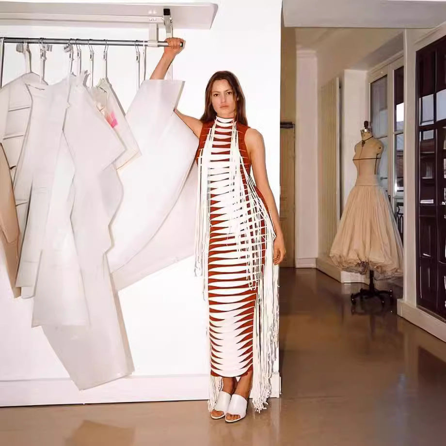 Women's Striped Sleeveless Tassel Knitted High-grade Dress Bandage Dresses