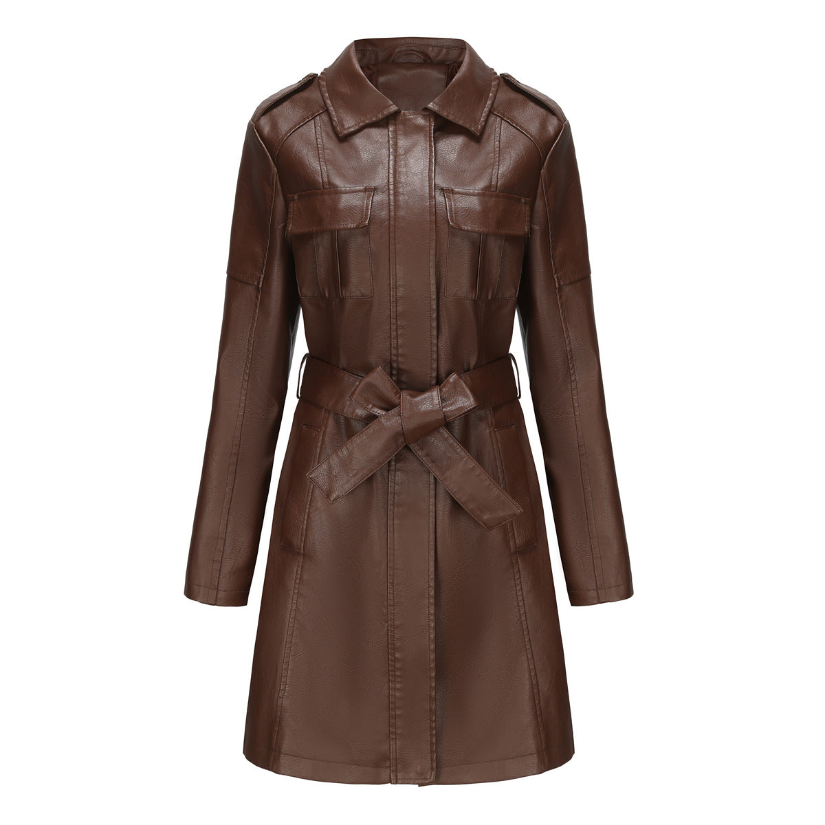Women's Mid-length Leather Including Belt Long Sleeve Jackets