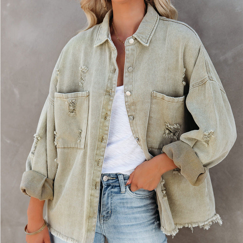 Women's Lapel Long Sleeve Retro Street Ripped Jackets