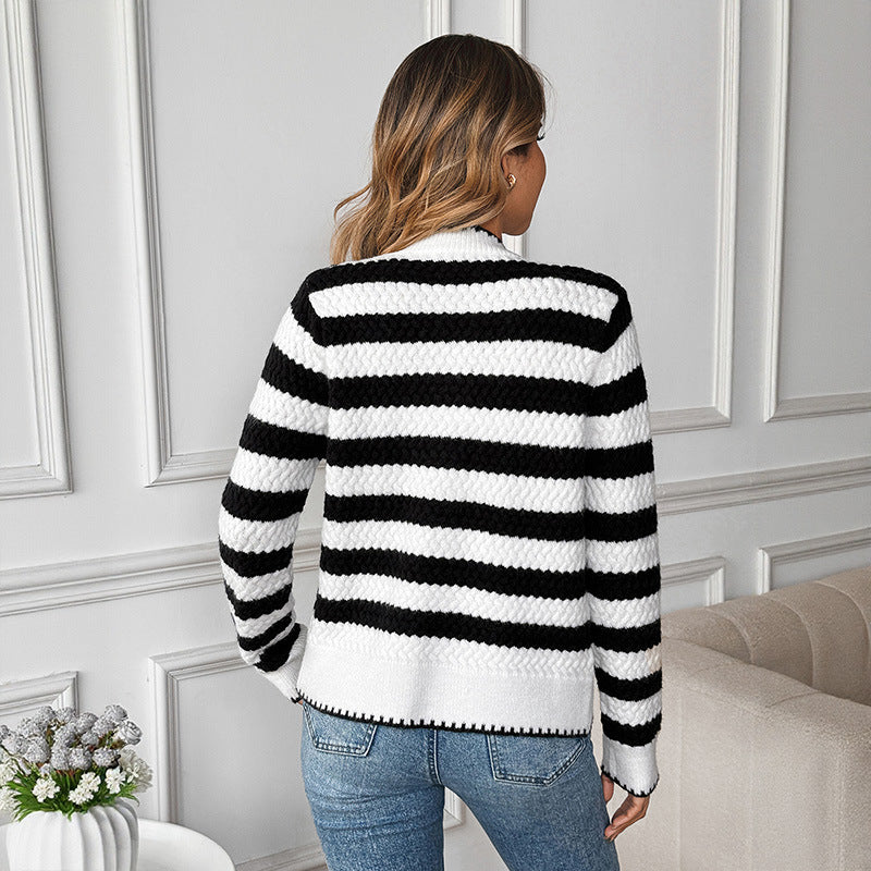 Women's Black White Striped Long Sleeve Fashionable Sweaters