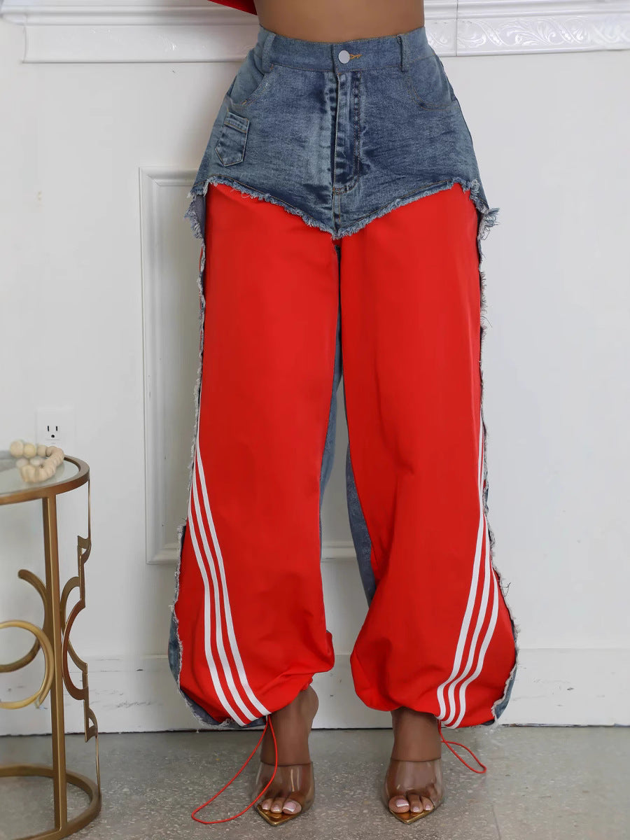 Women's Goods Fashion American Street Stitching Design Striped Jeans