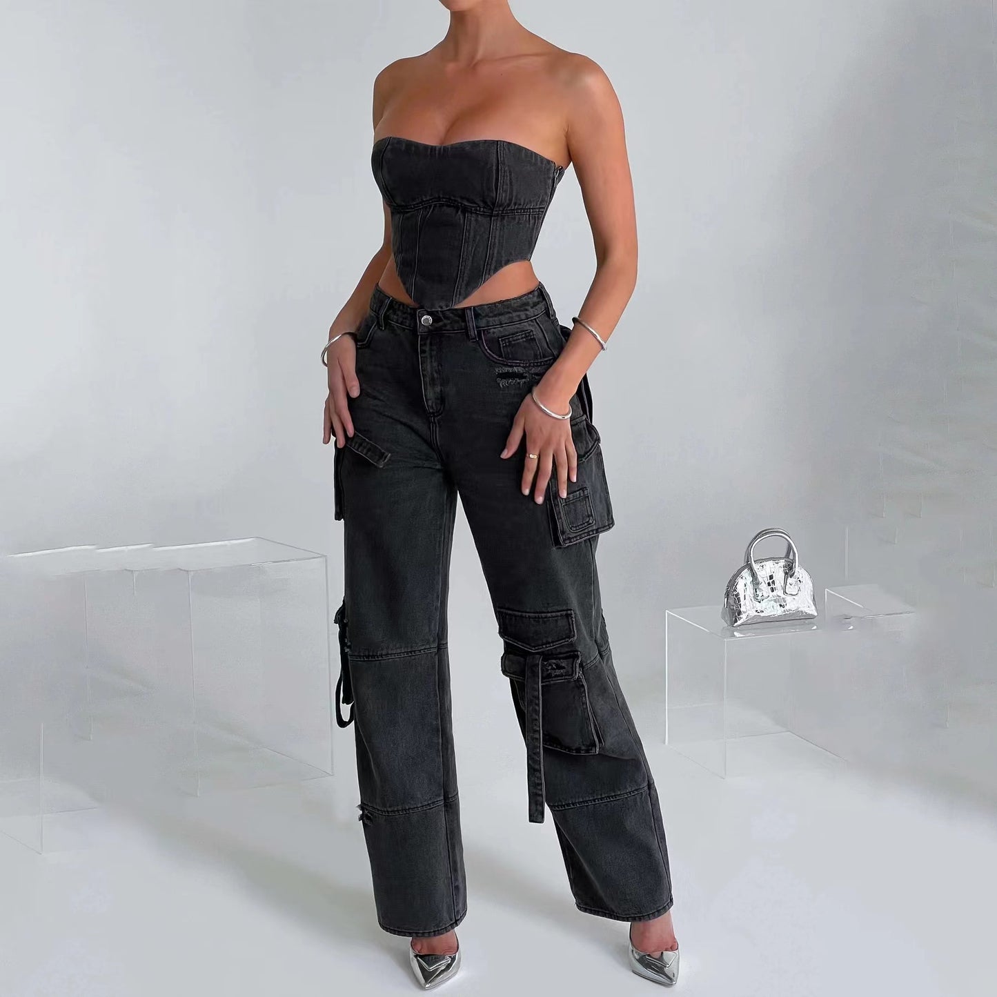 Women's Low Waist Three-dimensional Pocket Stitching Autumn Loose Draping Jeans