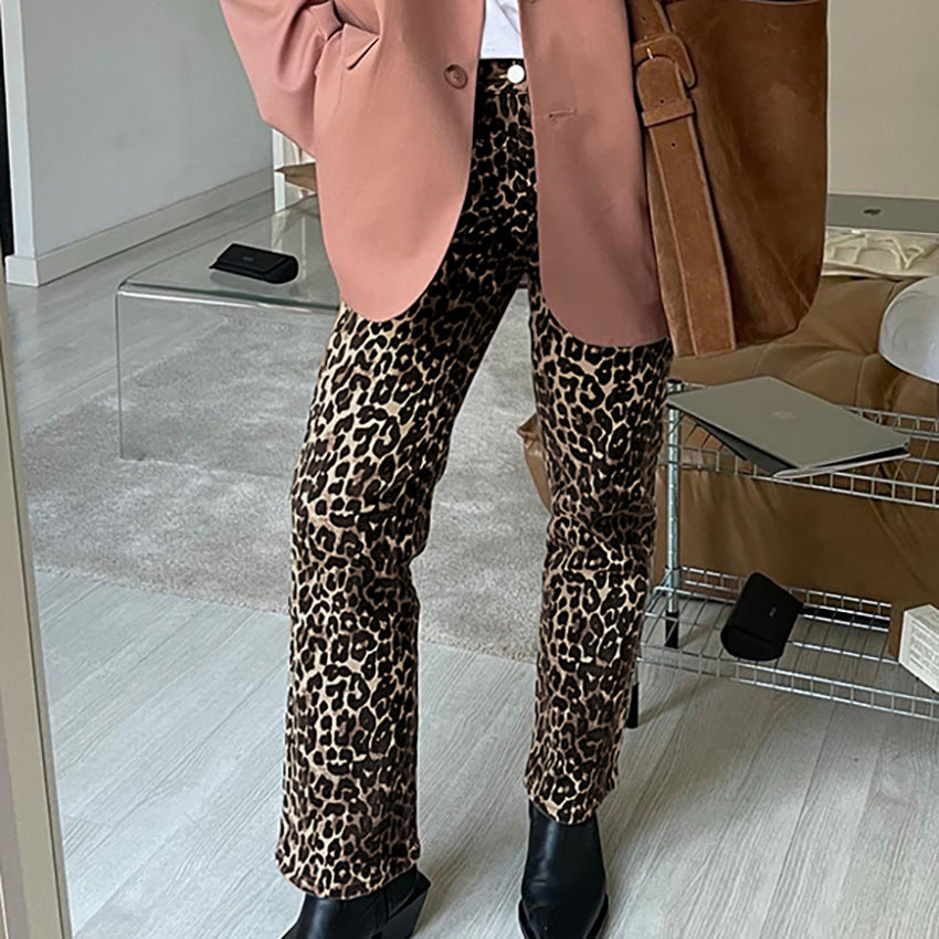 Leopard Print High Waist Straight Retro Pants