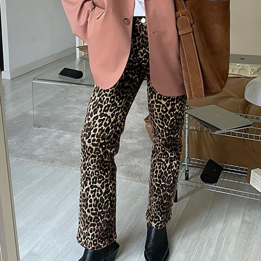 Leopard Print High Waist Straight Retro Pants