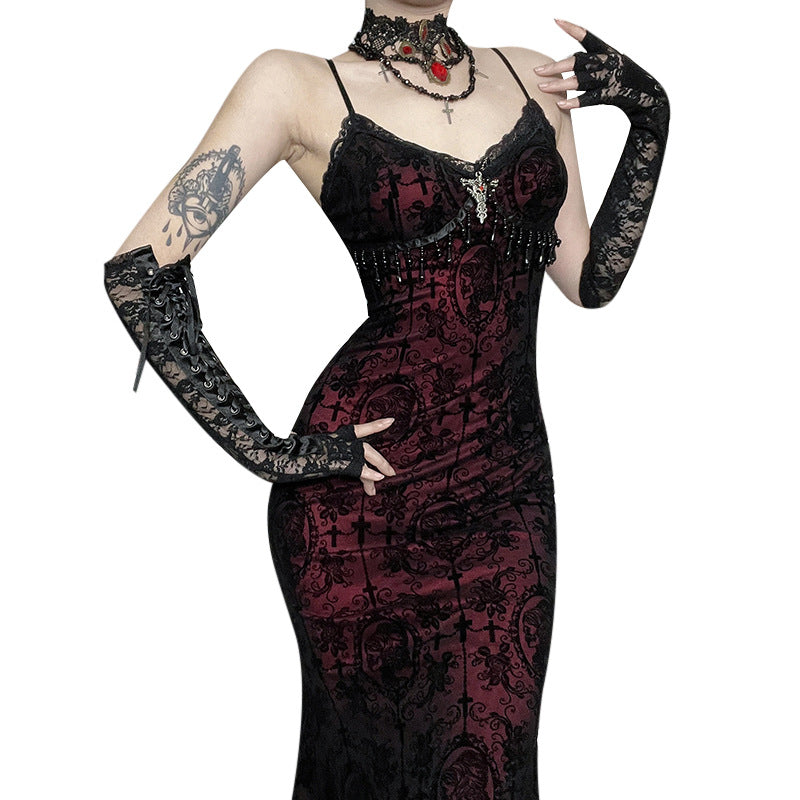 Women's Dark Goth Style Flocking Suspender Dress Dresses