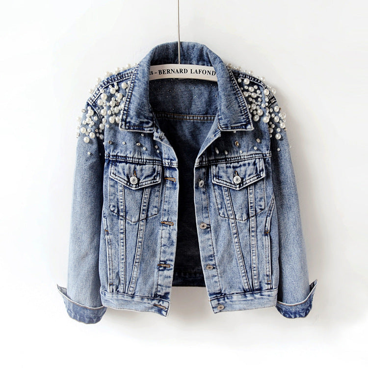 Women's Korean Style Fashion Bead Loose Denim Coats