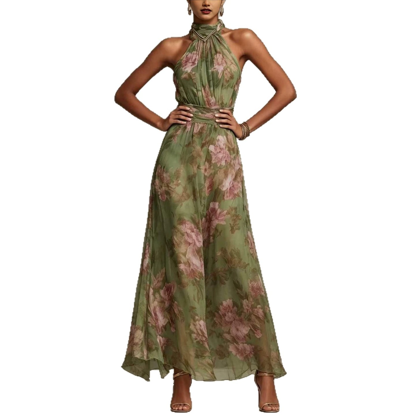 Women's Ruffle Hip Mesh Floral Print Irregular Slit Sexy Suspender Dress