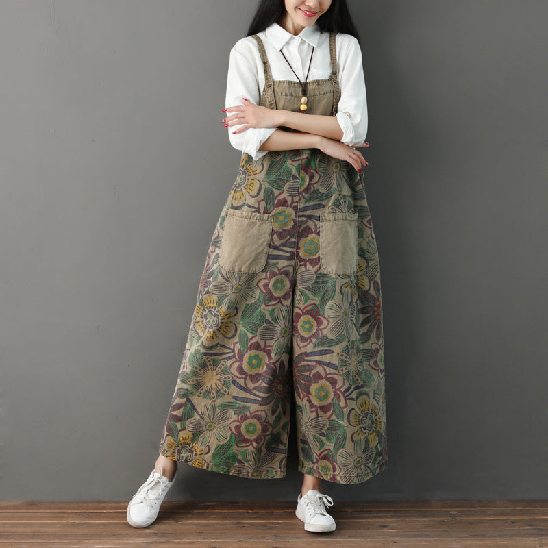 Distressed Printed Suspenders Retro Adjustable Color Jeans